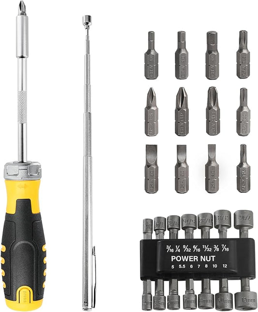 HAUTMEC 28 Pcs Magnetic Ratcheting Screwdriver Set, Multi-bit Screw Driver Set Including CRV Screwdriver Bits, Nut Driver Set and Telescoping Magnetic Pickup Tool for DIY, Electronics, Auto Repair