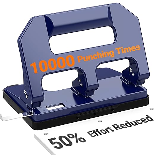 AFMAT Heavy Duty 3 Hole Punch, 3 Hole Puncher for Binder, 40-Sheet Three Hole Punch w/ 10000+ Uses, Metal Hole Puncher 3 Ring, 50% Reduced Effort, 9/32inch Hole, Bulit-in S.S. Paper Guide HPX1 (Blue)