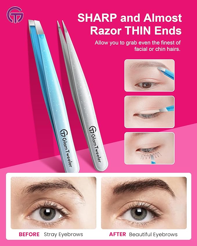 Expert Slant and Point Tip Tweezer Set with Exclusive Storage & Carrying Case, GlamTweeler Sharp & Precision Tweezer Set for Eyebrows, Facial Hairs and Fine Hairs Removal (Sparkle Blue + Silver)