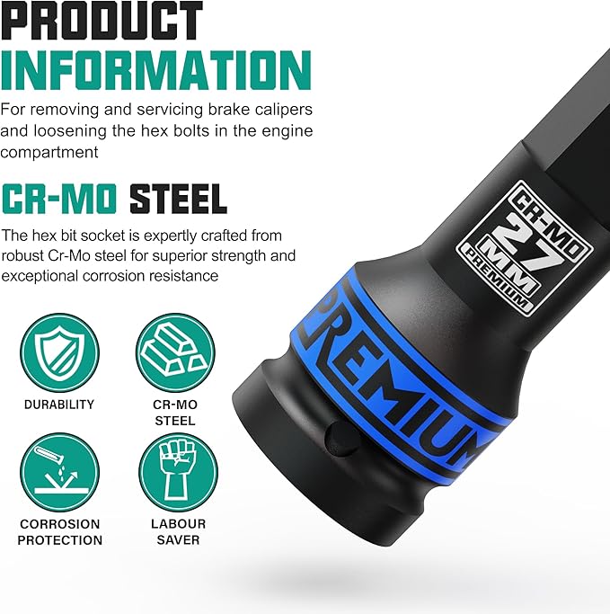 3/4" Drive H27 Impact Hex Bit Socket, 27 mm Allen Bit Socket, Metric, Cr-Mo Steel, Car Maintenance, Furniture Installation, Mechanic Use