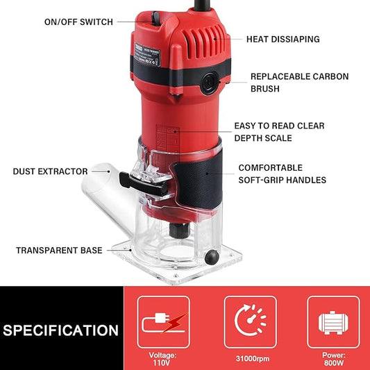 TEENO Wood Router, 800W Compact Router Tools for Woodworking, 31000 RPM Hand Trim Router with 15 Pcs 1/4" Router Bits Set, Edge Guide, Roller Guide, Dust Hood