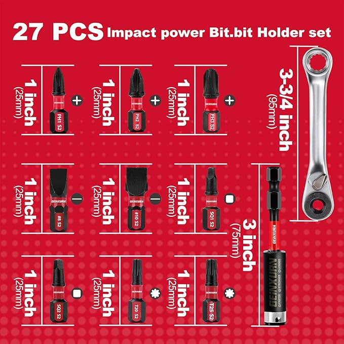Screwdriver Bit Set with PH1/PH2/PH3/SQ1/SQ2/T20/T25/SL8/SL10 and 1Pcs Impact Bit Holder and Mini Wrench, 27Pieces Impact Rate Insert Driver Bit Set