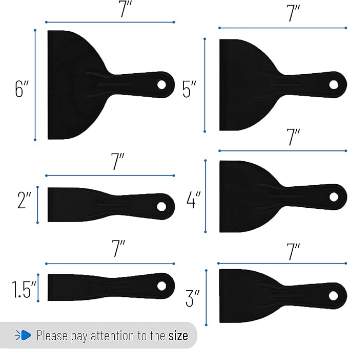 Bates 6 Pack Black Plastic Putty Knife Set - Paint Scraper, Spackle Tool, Spreader