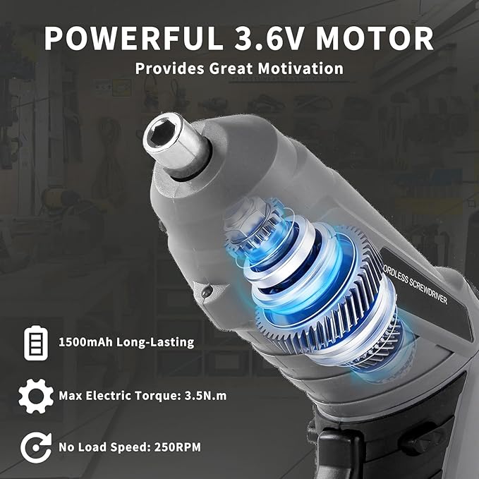 Cordless Electric Screwdriver 3.6V Automatic Rechargeable Power Screwdriver 3.5N.M of Torque 1/4??Chuck 43pcs Screw Drill Set LED Light for Furniture Assembly, Repairing in Home, Office and Workplace.