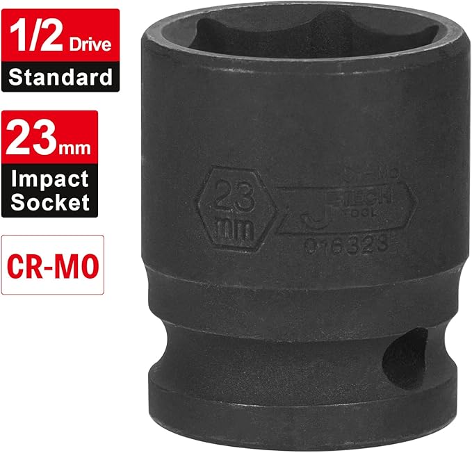JETECH 1/2 Inch Drive 23mm Standard Impact Socket, Chrome Molybdenum Alloy Steel, 6-Point Design, Metric
