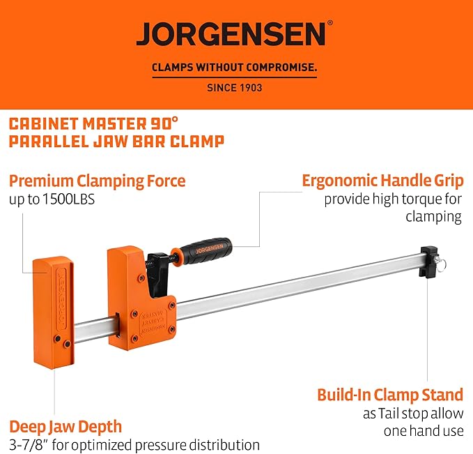 JORGENSEN 24-inch Bar Clamps, 90째Cabinet Master Parallel Jaw Bar Clamp Set, 2-pack