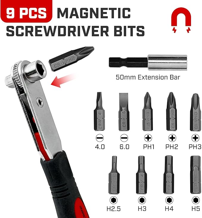 Angle Ratchet Screwdriver Set: 16 Piece Magnetic Bit & Socket with 90 degree Mini Offset Low Profile Reversible Drive Handle - Stocking Stuffers with Gift Box