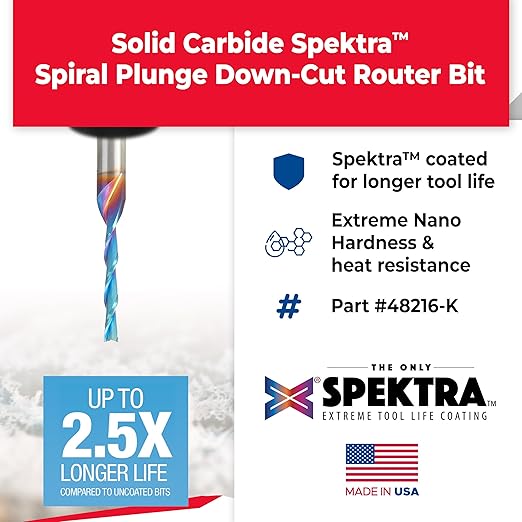 Amana Tool 48216-K SC Spektra Extreme Tool Life Coated Spiral Plunge 3mm Dia x 20mm CH x 6mm SHK 63mm Long Down-Cut Router Bit for Drilling Shelf Pin Holes