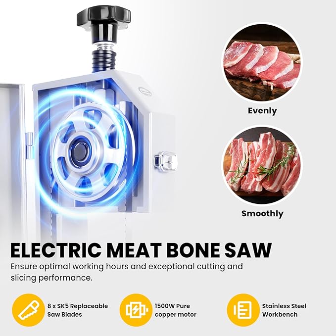 1500W Electric Meat Band Saw, Stainless Steel Tabletop Electric Cutting Machine with 8 Saw Blades, 0.04-4.3 Inch Cutting Thickness, 20x15 in Table Sawing for Chicken Fish Trotter Beef (1500W)