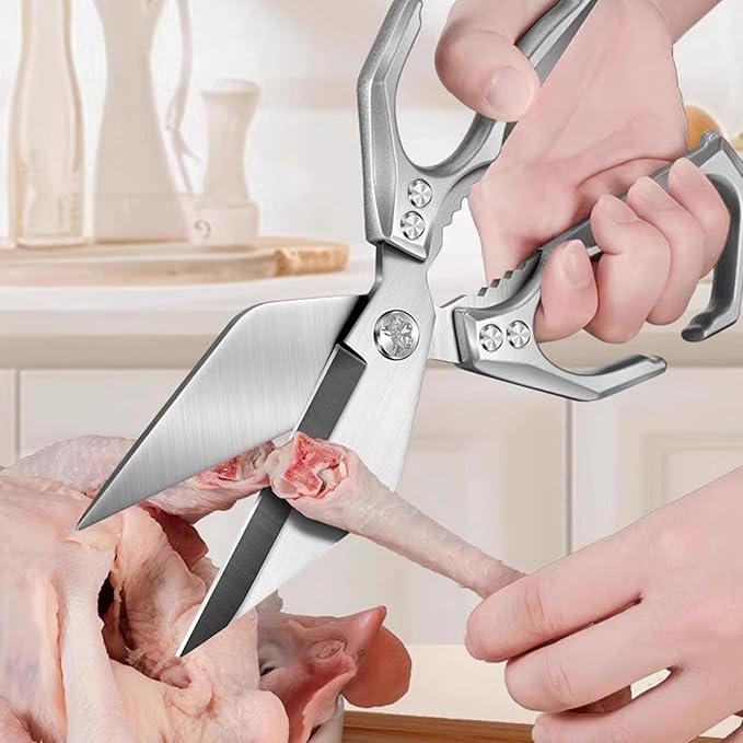 Multifunctional Heavy-Duty Kitchen Shears, Heavy Duty Kitchen Scissors, Poultry Shears with Ergonomic Handle, Food Scissors for Chicken Meat Seafood Bone Cutting, Cooking Accessories (Silver)
