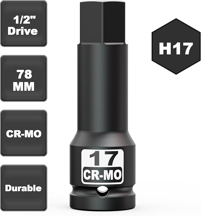 1/2" Drive 17 mm Hex Impact Bit Socket, H17 Allen Bit Socket, Metric, Cr-Mo Steel, Automotive Repair Industrial Maintenance and DIY Enthusiasts Alike
