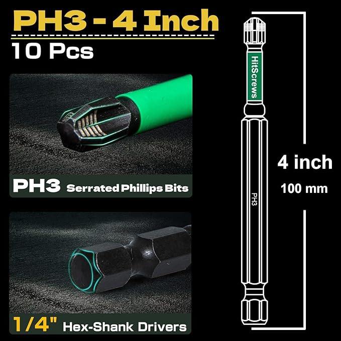 PH3 Anti-Slip Phillips Bits 4 Inch, 10 Pack ??Long Magnetic S2 Tool Steel Impact Driver Bits #3 with CNC Machined Tip, Laser Grip for Power Drill and Heavy-Duty Construction