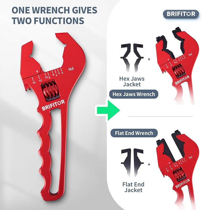 BRIFITOR Non Marring AN Fittings Wrench Adjustable Aluminum AN Wrench For 3AN-16AN Hose End Fittings With Replaceable Hex Type & Flat Type Jaw Protectors, Red.