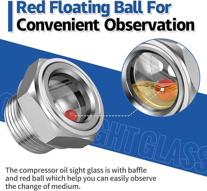 Boltigen 1-1/2'' NPT Male Hex Head Stainless Steel Oil Sight Glass, Liquid Level Gauge Oil Indicator Window for Air Compressor Gearbox Fittings Hydraulic Tank Sight Glass (1-1/2'' NPT Male)