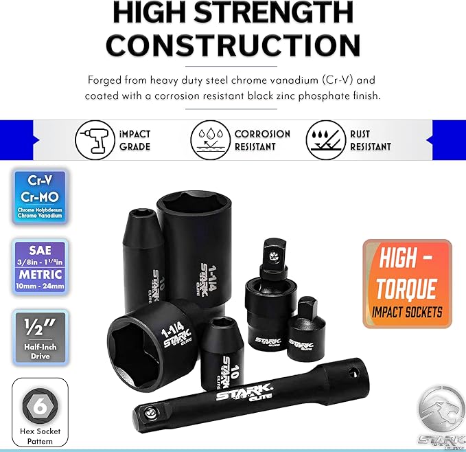 Stark USA 1/2" Drive Master Impact Socket Set, 65 Piece, Standard SAE (3/8"-1-1/4") & Metric (10-24 mm) Sizes, Deep & Shallow Kit, Includes Adapters & Ratchet Handle