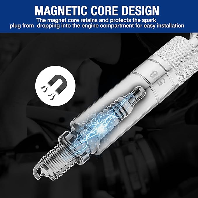 WORKPRO 7 PCS Magnetic Swivel Spark Plug Socket Set, Includes 9/16-inch, 5/8-inch, 13/16-inch, 14MM Thin Wall Sockets with 4, 6, 11-inch Extensions, 3/8" Drive with 12 Points, Magnetic Core
