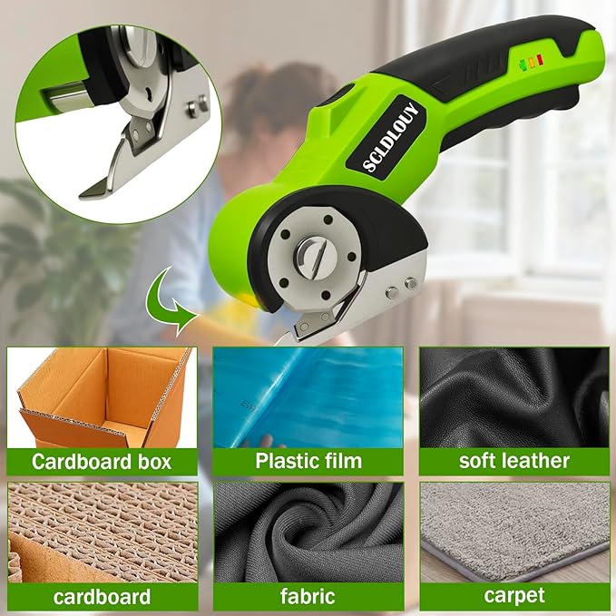 High-Speed Cardboard Cutter, Cordless Rechargeable Electric Scissors with Safety Lock and LED Light, Rotating Blade for Cardboard Fabric Carpet (Green)