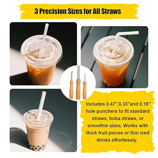 Straw Puncher for Lids Stainless Steel Hole Punch Tool for Plastic Cups Perfect for Lemonade Stands, Bubble Tea, Iced Coffee & Home Parties 3 Sizes (0.47in & 0.33in & 0.18in)