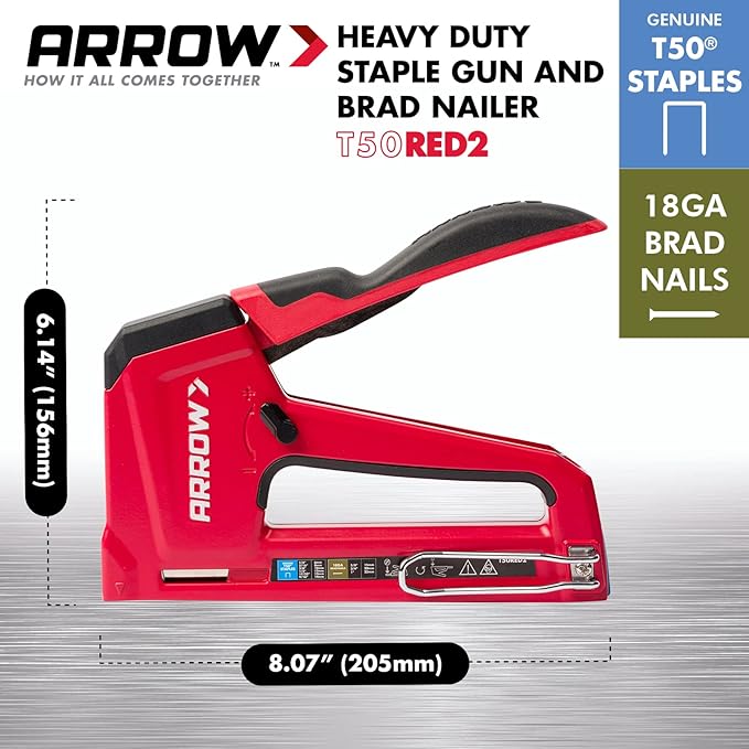 Arrow T50RED2 Heavy Duty Manual 2-in-1 Staple Gun and Brad Nailer for Upholstery, Framing, Insulation, Crafts, and Furniture, Red