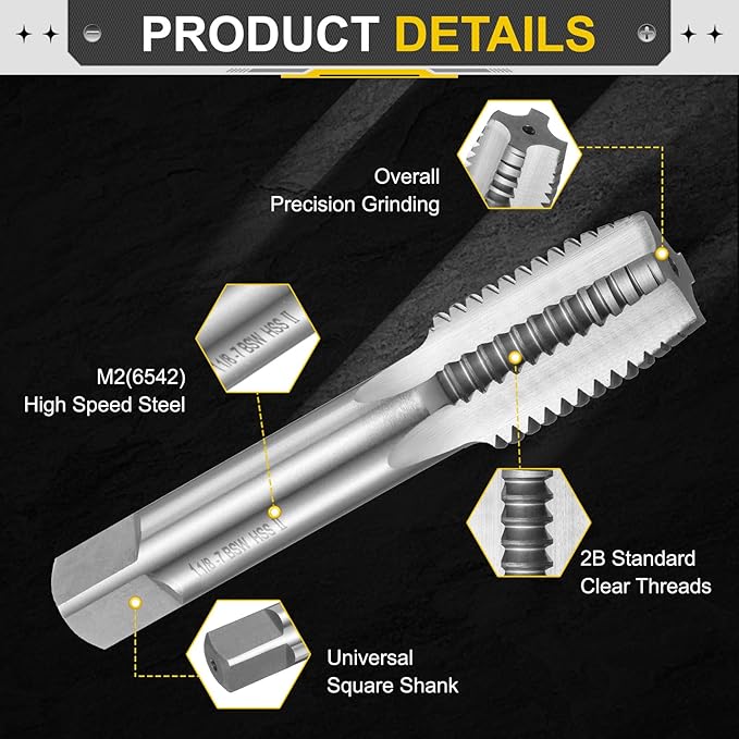 uxcell Hand Plug Tap 1-1/8"-7 BSW 2B Thread Plug Style Taps Straight Flute Screw Tapping Threading Tool High Speed Steel HSS6542