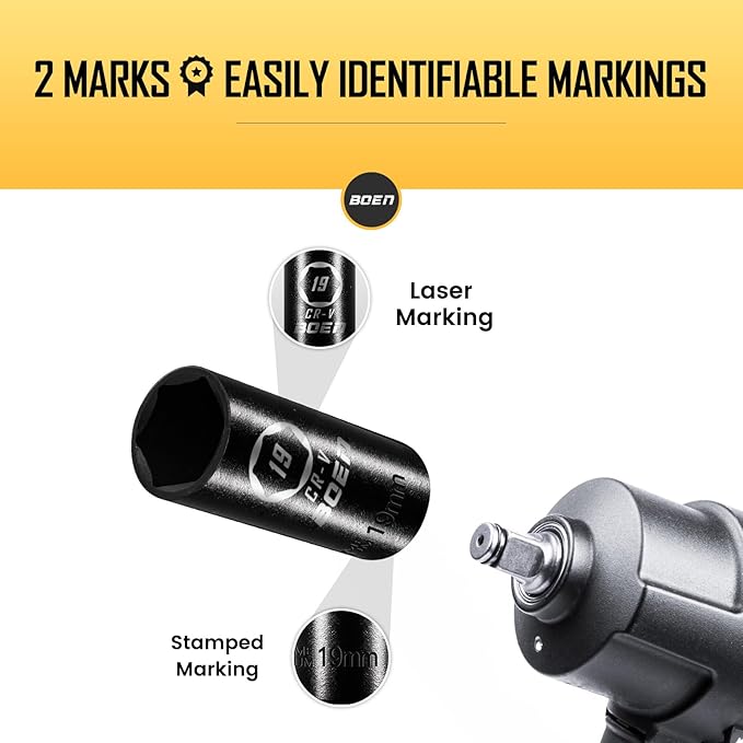 BOEN 1/2" Drive Deep Impact Sockets,Premium Impact Socket,19mm Socket,Metric,6 Point,Cr-V Steel with Laser Marking - Strong and Durable