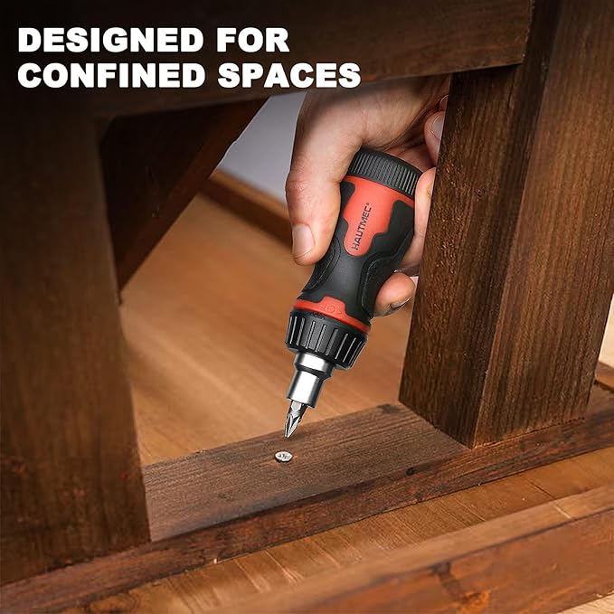 HAUTMEC 8-in-1 Stubby Ratcheting Screwdriver Set, Multi Screwdriver Tool All in One, Ratchet Short Screwdriver Set with Multi Bit Screw Driver for Use in Confined Space, Chrome Vanadium Steel Shaft