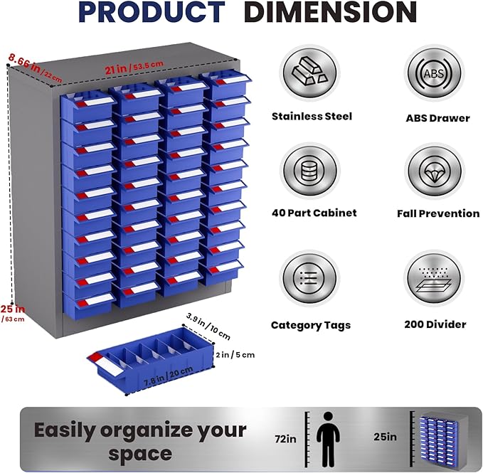 40 Drawers 21x9x25 Inch Bolt and Nut Organizer, Stainless Steel Parts Cabinet with Shelfs & Labels Bolt and Nut Tool Storage Cabinet for Workshop Tool & Hardware Storage and Organization