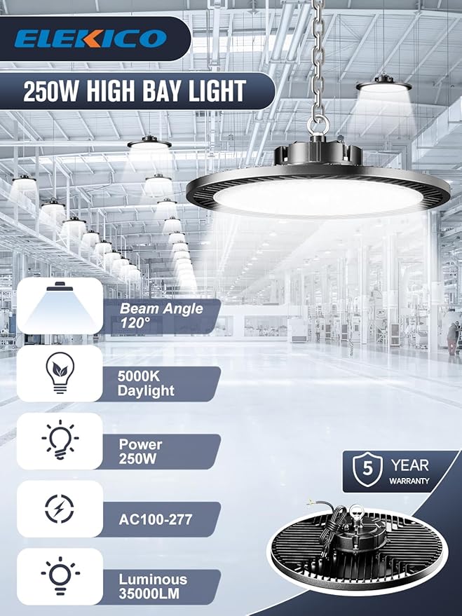 High Bay Led Shop Light, Upgrade Super Bright 2 Pack 250w UFO Led High Bay Light, 35000lm 5000k Commercial Lighting Garage Lights for Factory Workshop Warehouse Garage Barn