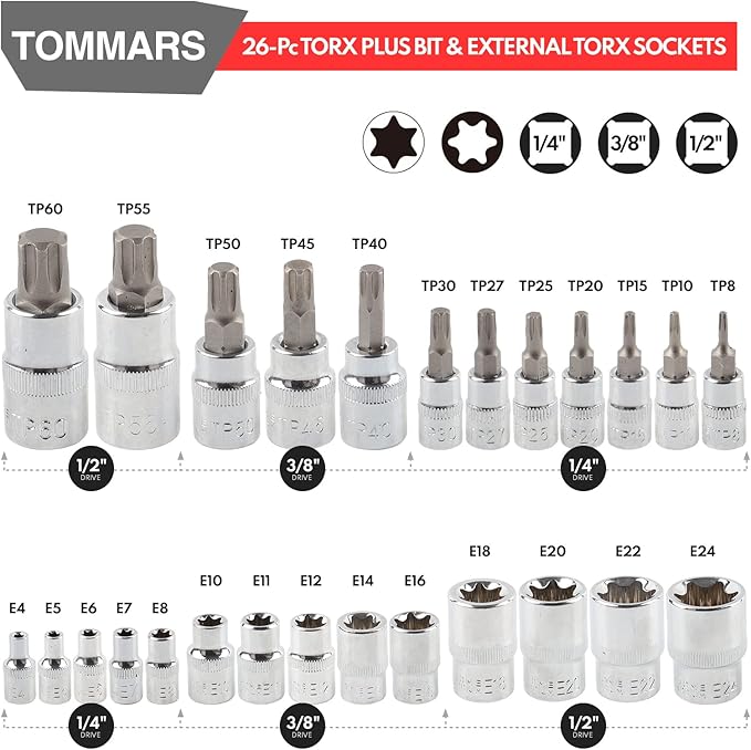 TOMMARS 60-Pc Master Torx Bit Socket and External Socket Set 1/4", 3/8", 1/2" Drive, S2 Steel Bits, CRV Sockets E4-E24, T6-T70,TT6-TT70,TP8-TP60