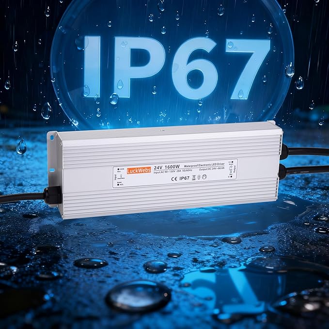 LED Driver 24V1600W Waterproof Power Supply AC 90-130V to DC 24V66.6A Low-Voltage Transformer IP67 Switching Power Supply Suitable for High-Power LED Lighting and Any 24V DC Equipment
