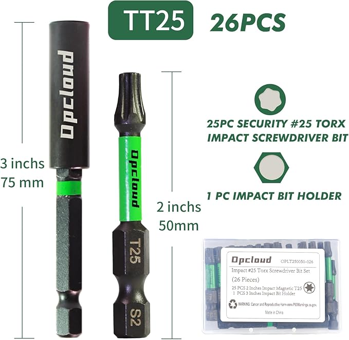 T25 Impact Screwdriver Bit Set, 26 Pieces 2?쒾2 Steel Magnetic Security #25 Torx Tips Driver Power Bit Set with Extension Impact Bit Holder