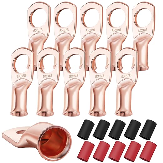 XHF 10PCS 6 AWG-3/8 Heavy Duty Battery Lugs with 3:1 Heat Shrink Tubing, Ring Terminals Battery Cable Ends Copper Eyelets Electrical Battery Connectors