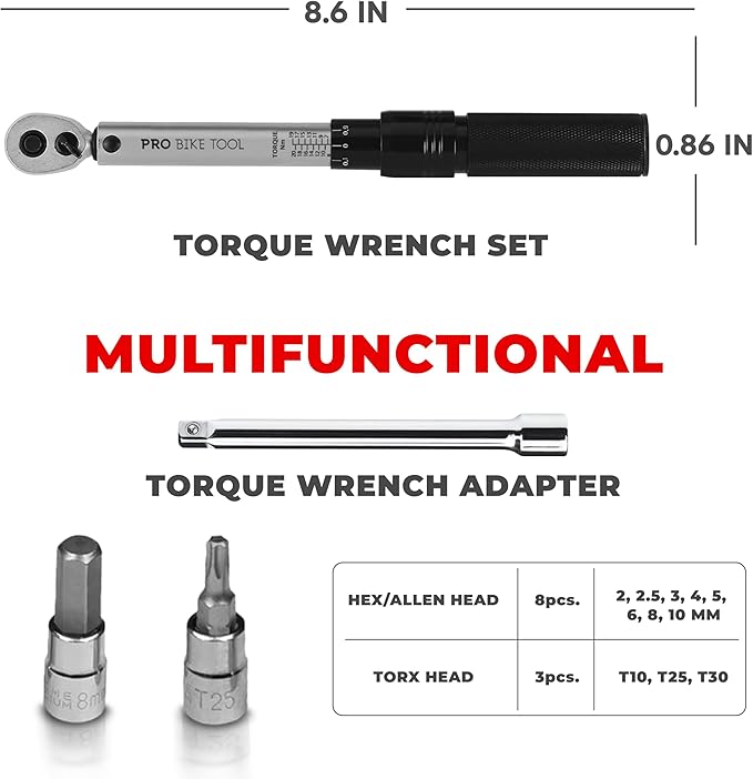 PRO BIKE TOOL 1/4 Inch Drive Click Bicycle Torque Wrench Set ??2 to 20 Nm ??Maintenance Kit for Road and Mountain Bikes - Includes Allen and Torx Screws, Extension Bar and Storage Box - ISO Certified