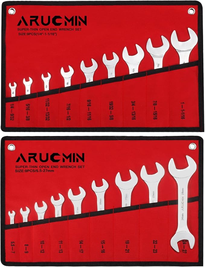 ARUCMIN Super-Thin Open End Wrench Set, 18-Piece SAE & Metric 1/4" to 1-1/16" and 5.5mm to 27mm Chrome Vanadium Steel Wrench Set with Rolling Pouch