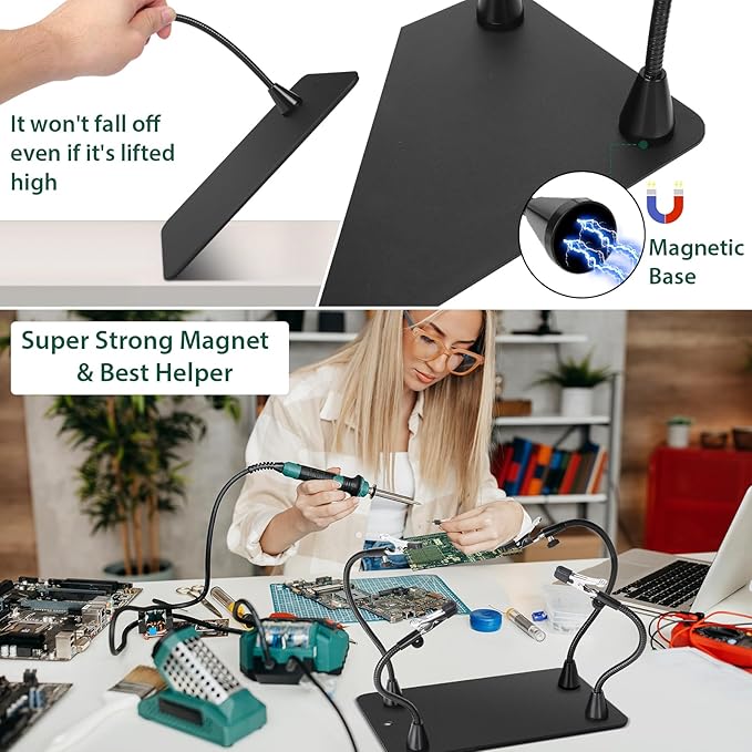 Super Magnetic Helping Hands Soldering Station, Third Hand Soldering Tool with Alligator Clips,PCB Circuit Board Holder,4 Flexible Gooseneck Arms & Non-slip base for Electronic Repair Soldering Hobby