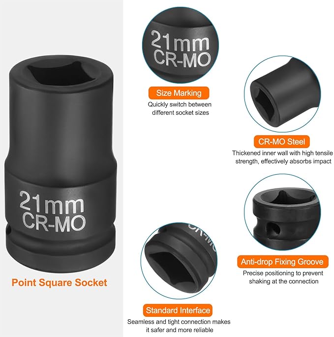 HARFINGTON 4 Point Square Socket 1" Drive 21mm Metric Square Impact Socket CR-MO Blackening Standard Wheel Sleeve Pneumatic Sleeve Tool for Auto Repair Mechanical Maintenance Home Use