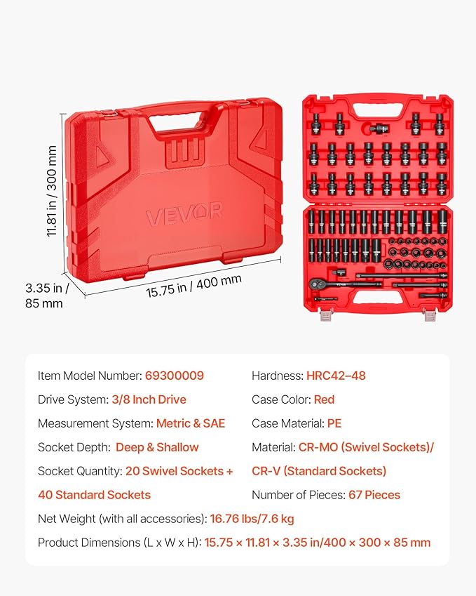VEVOR Impact Socket Set 3/8" Drive, 67 PCS, CR-MO Swivel Sockets, SAE 5/16"-3/4" & Metric 8-19mm, 6 Point Shallow & Deep, Ratchet Handle, Extension Bars, Adapters, Universal Joint