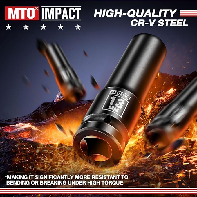 MTO 1/2" Drive 13mm Deep Impact Socket, 6-Point Metric Socket for Automotive Maintaince, CR-V Steel Meets ANSI Standards