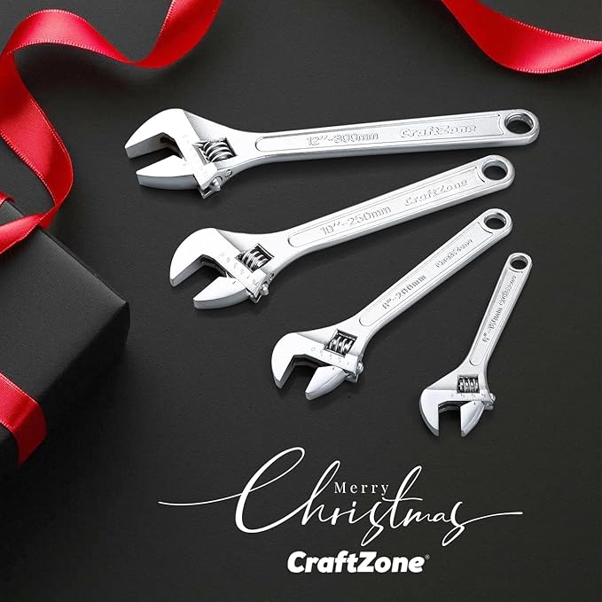 CRAFTZONE Adjustable Wrench Set, 4pc Wrenches Set with SAE and Metric Scales, Heat-Treated Carbon Steel with Chrome Plated, Wide Jaw Wrenches for Home, Plumbing, Garage (6, 8, 10, 12 Inch)