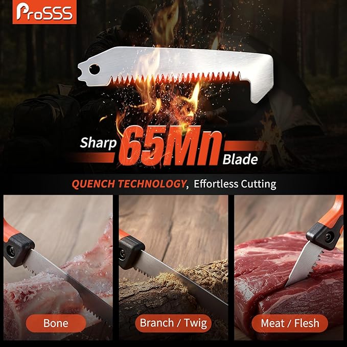 Hunting Bone Saw with Replaceable Blade, 65Mn Hardened Steel 4" Saw for Meat & Bone, Ergonomic Non-Slip Handle with Sheath & Extra Blade for Camping, Hiking, Outdoor Processing