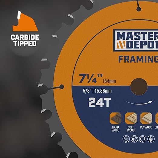 7-1/4 Inch 24T Framing Circular Saw Blade, Carbide-Tipped ATB, Thin Kerf, Anti-Vibration, 5/8" Arbor, Professional Framing & Fast Ripping Saw Blade for Wood, OSB & Plywood (5-Pack)