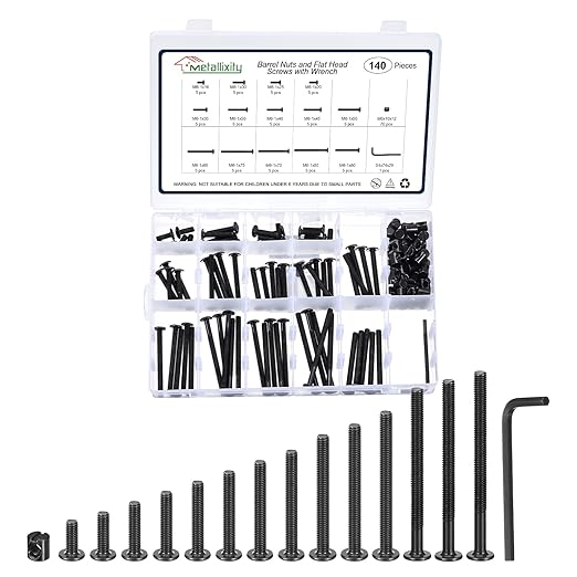 METALLIXITY Furniture Crib Screws Replacement Set with Wrench(M6-1x16/20/25/30/35/40/45/50/55/60/65/70/75/80mm) 140Pcs, Galvanization Barrel Nuts Binding Screws, for Chair Cabinet Bed, Black