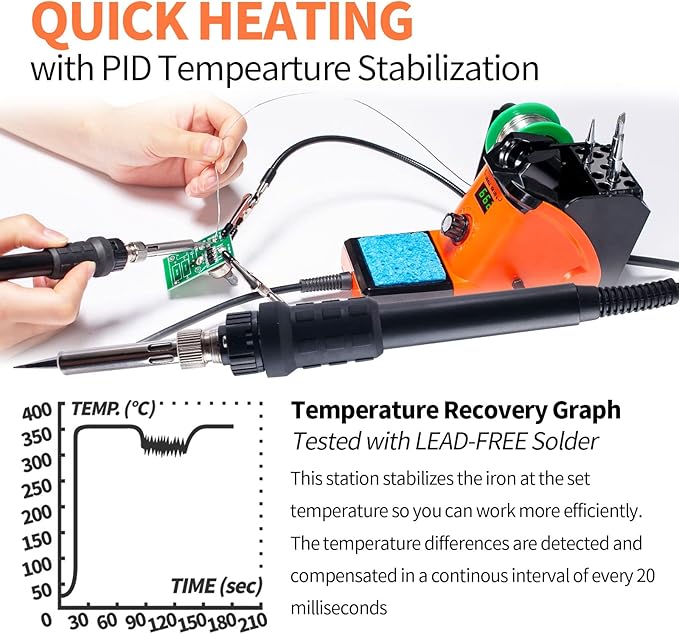 YIHUA 926 III 60W LED Display Soldering Iron Station Kit w 2 Helping Hands, 6 Extra Iron Tips, Roll of Lead-Free Solder, Solder Sucker, S/S Tweezers, 째C/쨘F Conversion, Auto Sleep & Calibration Support