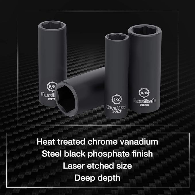 DURATECH 10-Piece 3/8" Drive 6 Point Deep Impact Socket Set, Including 8PCS Deep Impact Sockets in SAE Sizes (5/16", 3/8", 7/16", 1/2", 9/16", 5/8", 11/16", 3/4") & 2PCS 1/4" Hexagon Extension Bars