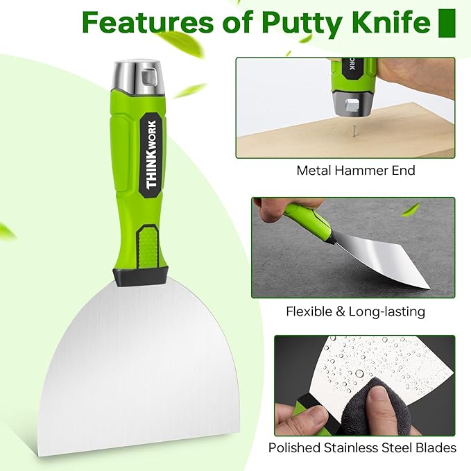THINKWORK Drywall Tools - 8Pcs Stainless Steel Drywall Knife Set with Putty Knife, Taping Knives, Painter Scraper & 10" Mud Pan, Spackle Tool Set for Joint Taping, Finishing & Patching