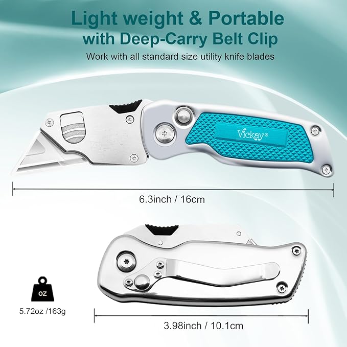 Vickay Box Cutter, Utility Knife with Clip, Stainless Steel Body Handle, Quick-change Blade and Safety Axis Lock, Razor Knife, Cardboard Cutter with Extra 5PC SK5 Blades (Green)
