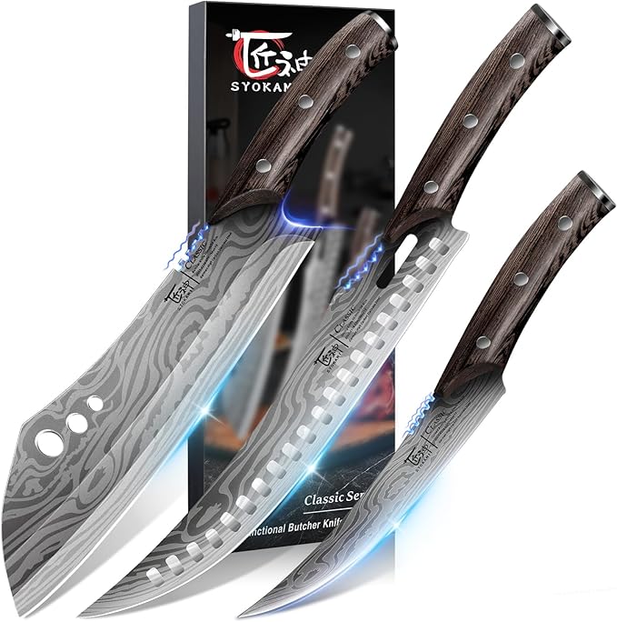 Butcher Knife Set, 3 PCS Kitchen Knives Set for Cutting, Meat Cleaver Chef Knife Set, Japanese Style High Carbon Steel Knives Set, Chopping & Slicing & Boning for Home and BBQ, Christmas gift