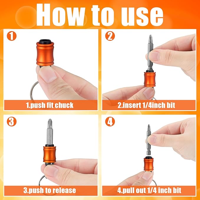 Gisafai 24 Pcs 1/4 Inch Bit Holder Keychain Hex Shank Aluminum Alloy Screwdriver Bits Holder Extension Bar Keychain Screw Adapter Drill Change Handheld Portable(Yellow)