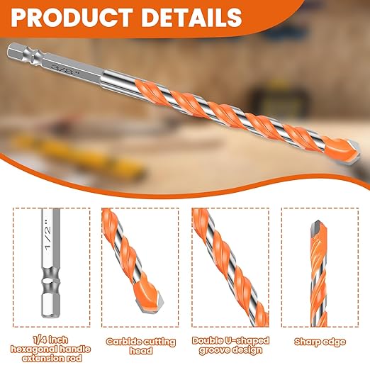15PCS Concrete Carbide Drill Bits Set 5/32"-1/2" Masonry Drill Bits Set,Tile Drill Bit Set 6 Sizes Shockproof Tungsten Steel with 1/4" Hex Shank for Class/Brick/Plastic/Cement/Tile (1 Set)