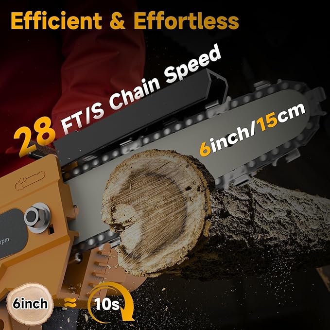 Mini Chainsaw Cordless 6 Inch, Brushless Electric Chainsaw with 2횞2000mAh Batteries, Battery Powered Chain Saw for Garden Pruning, Tree Trimming, Wood Cutting, Gift for DIYers